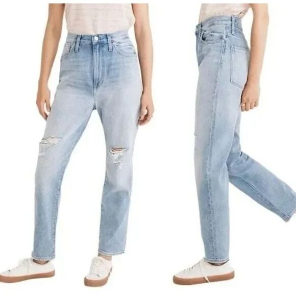 Madewell The Mom Jean High Waist Light Wash Ankle Ripped Distressed Raw Hem 29 - Picture 1 of 13